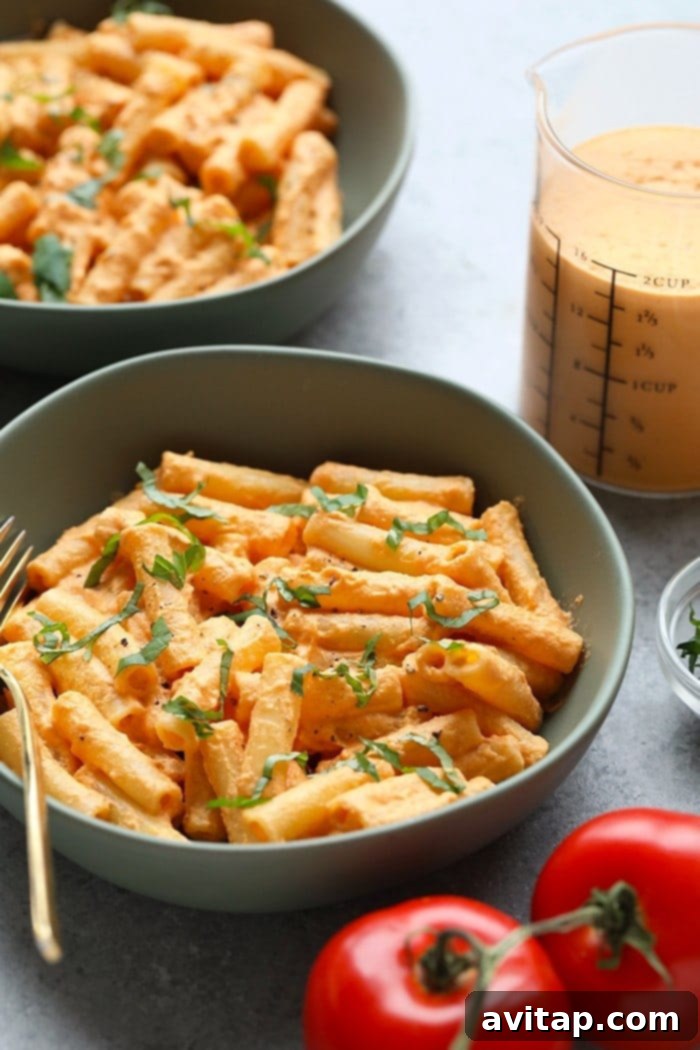 Creamy Tomato Basil Vegan Pasta in a serving bowl.