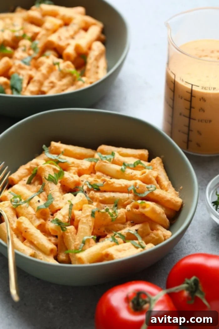 With 9 grams of protein per serving, this Creamy Tomato Basil Vegan Pasta will blow your mind! It’s made with a vegan creamy cashew pasta sauce, roasted veggies, and fresh basil. This vegan pasta recipe will have you craving meatless Monday every day of the week. High-protein creamy tomato basil vegan pasta with roasted vegetables