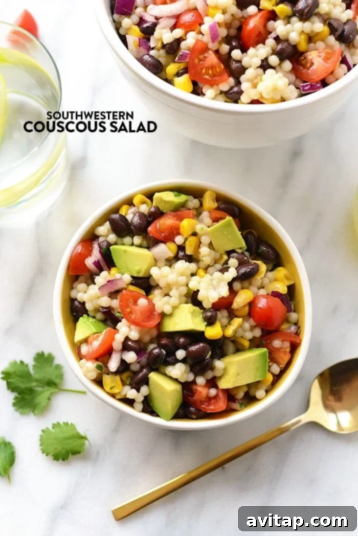 Make this Southwestern Black Bean Couscous Salad in under 20 minutes. It’s packed with pulses, veggies, and healthy fats! Quick vegan southwest black bean couscous salad with pulses and vegetables
