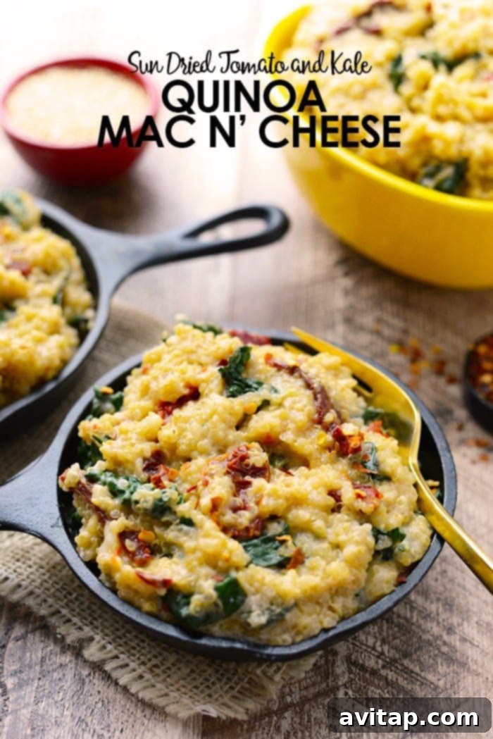 Sun-dried tomato, kale, and quinoa mac n cheese in a baking dish.