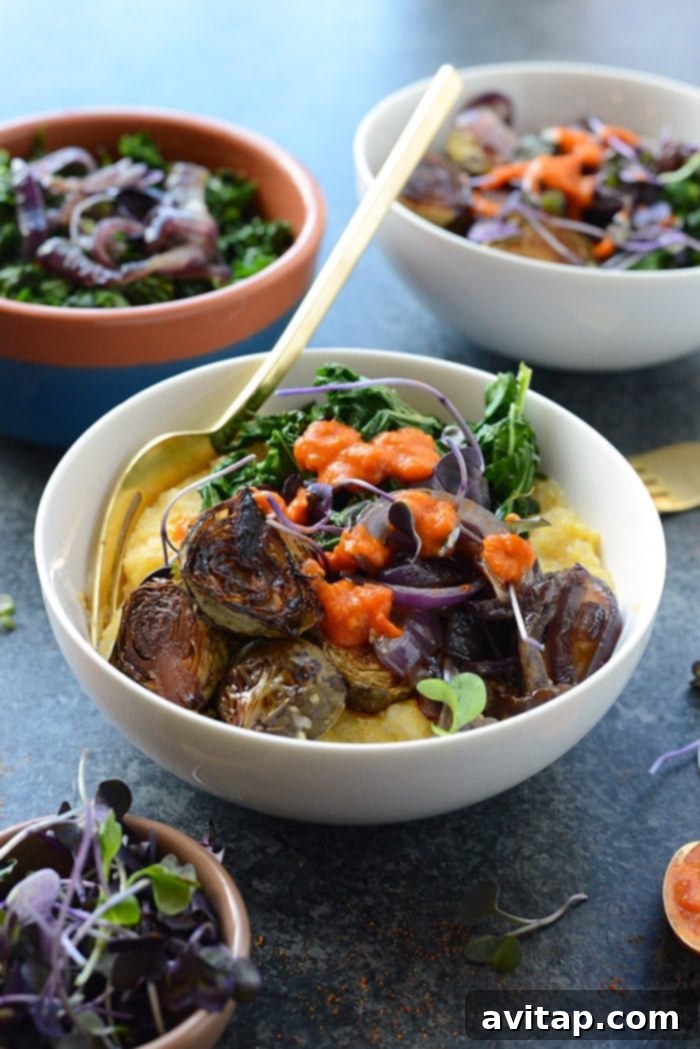 Roasted Brussels Sprout Polenta Bowls.