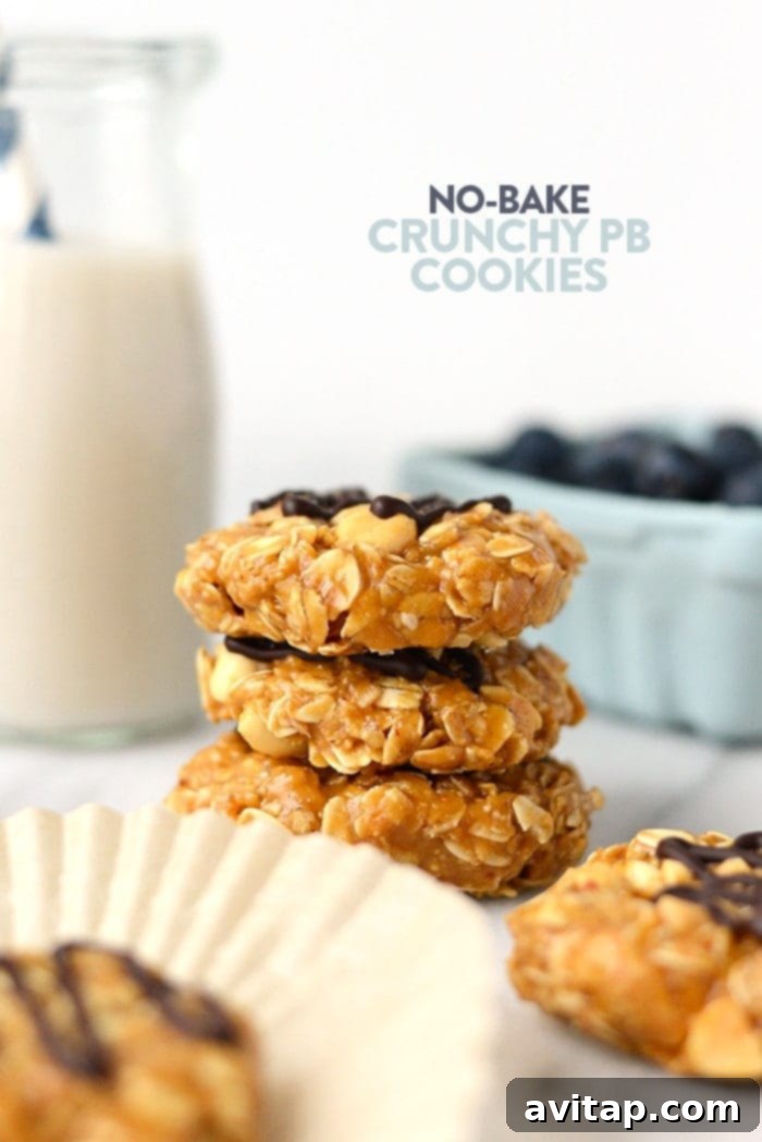 Healthy no-bake peanut butter cookies with crunchy peanuts.