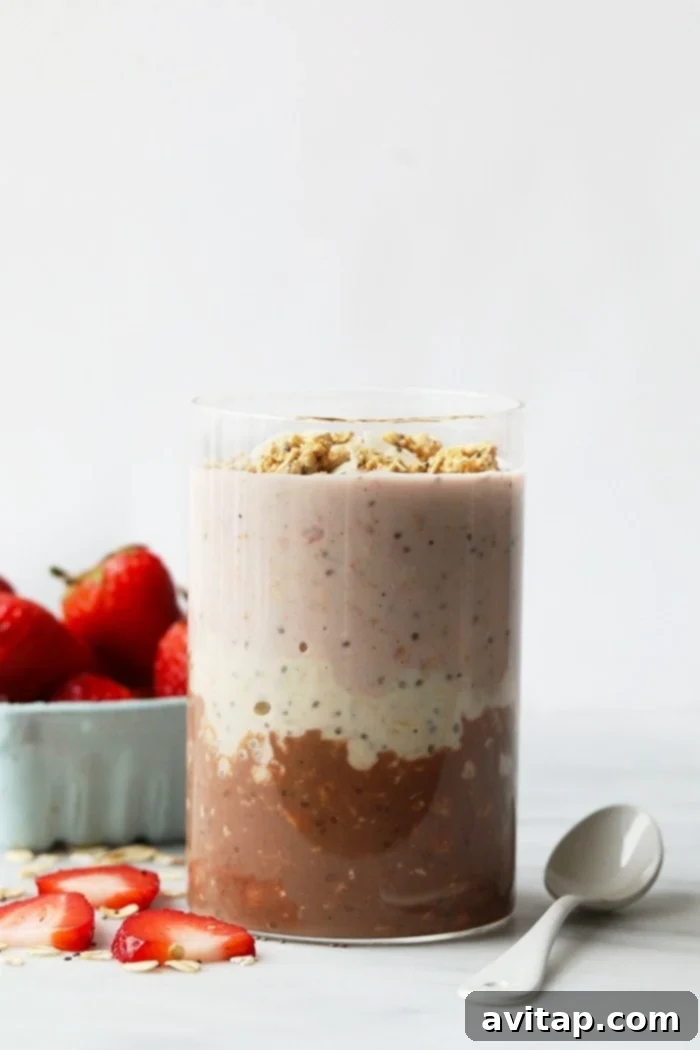 Three flavors in one! Healthy Neapolitan Overnight Oats with protein, fiber, and healthy fats. Neapolitan overnight oats with layers of chocolate, vanilla, and strawberry