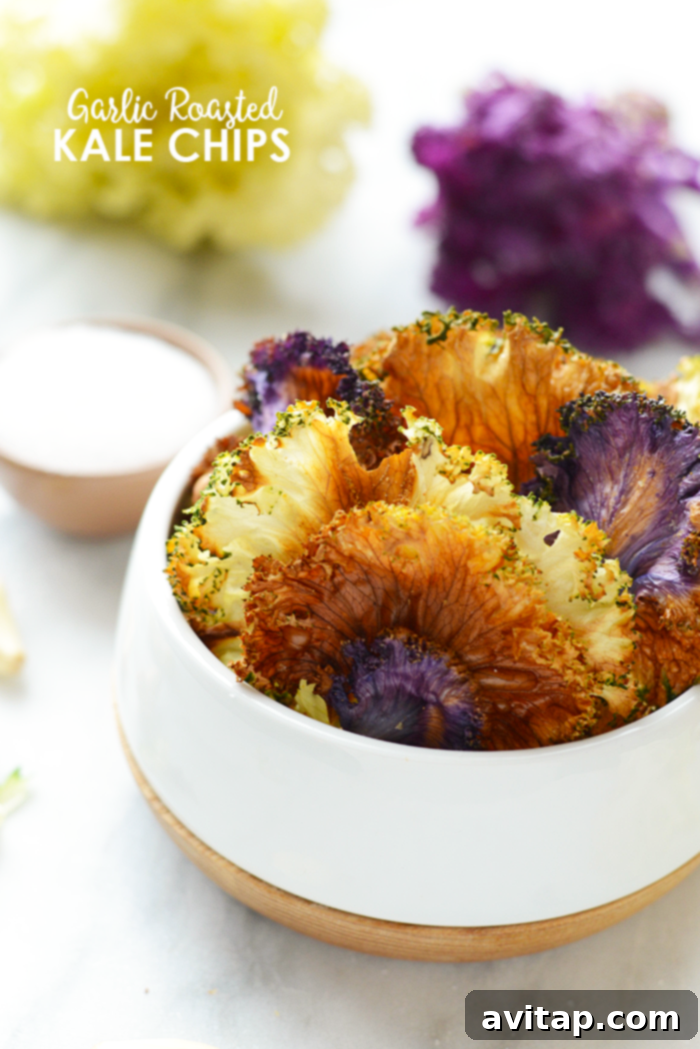 Bowl of garlic roasted kale chips.