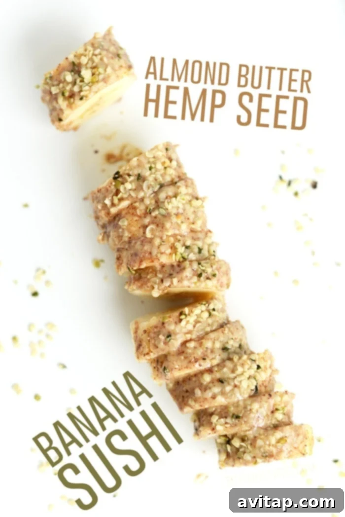 Almond Butter Hemp Seed Banana Sushi a delicious vegan snack packed with 10 grams of protein! High-protein vegan almond butter hemp seed banana sushi snack