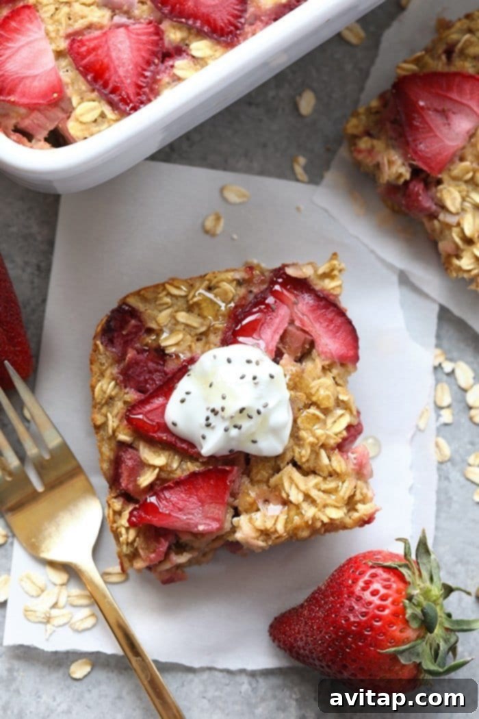 A serving of strawberry rhubarb oatmeal bake.