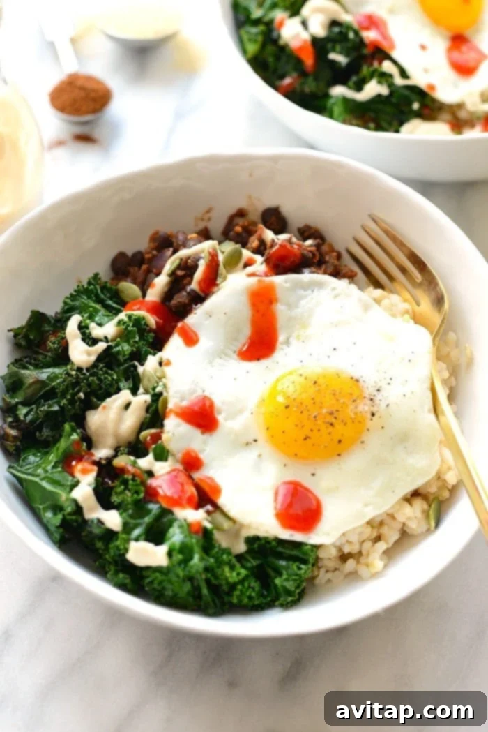 Make your breakfast a savory one and prep these delicious black bean breakfast bowls for the week! They’re made with black beans, sautéed kale, brown rice, an egg, and all the fixins! Savory black bean breakfast bowls with kale, brown rice, and egg