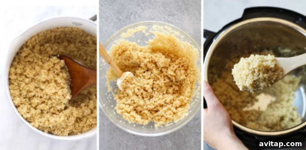 Three bowls showcasing quinoa cooked using different methods: stovetop, microwave, and Instant Pot.