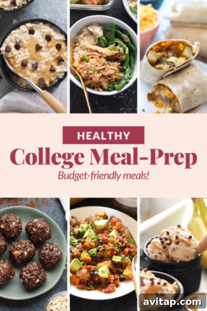 A vibrant, healthy college meal prep spread featuring various dishes for the week, emphasizing affordability and nutrition.