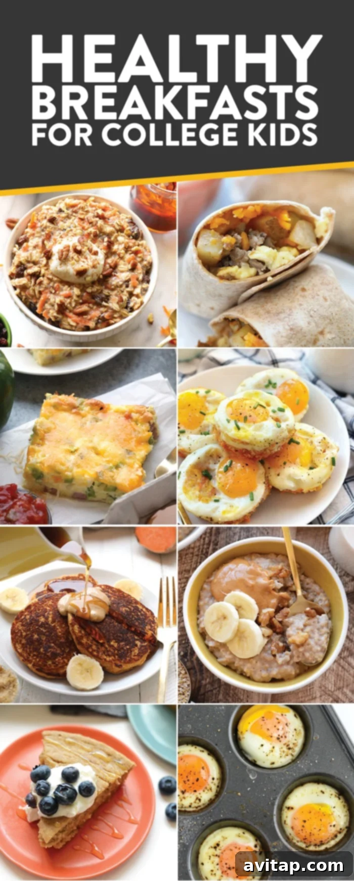 Collage of healthy and budget-friendly breakfast recipes suitable for college students, emphasizing ease and nutrition.