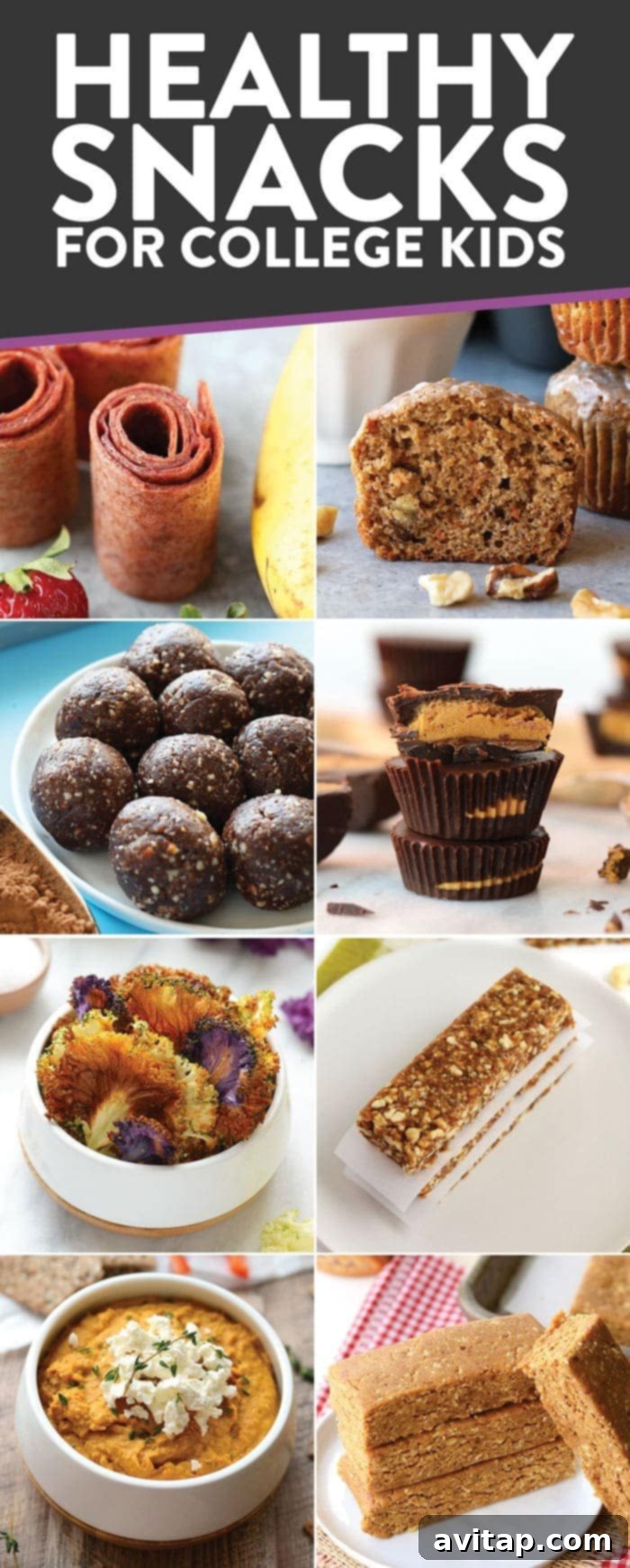 A selection of healthy and easy-to-make snacks perfect for college students on a budget, emphasizing portability.