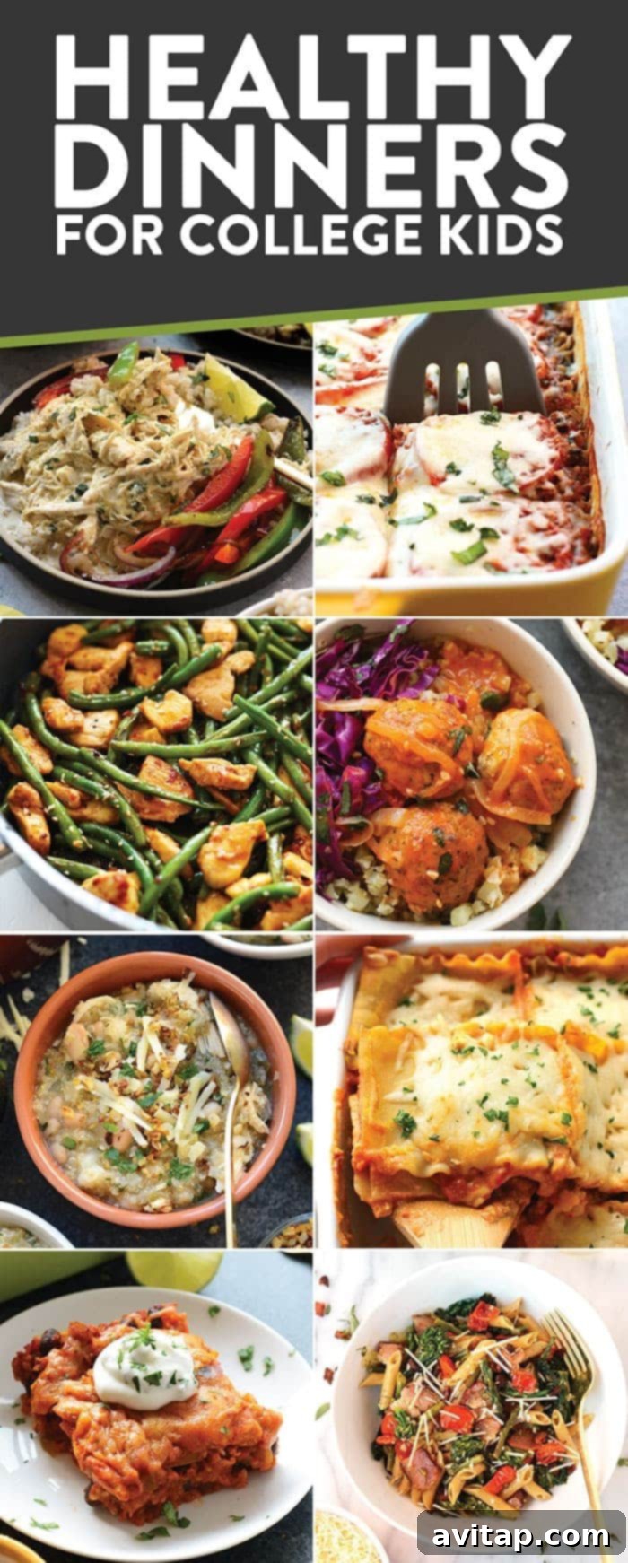 A collage of healthy dinner recipes suited for college students living in apartments with kitchen access, focusing on satisfying and affordable meals.