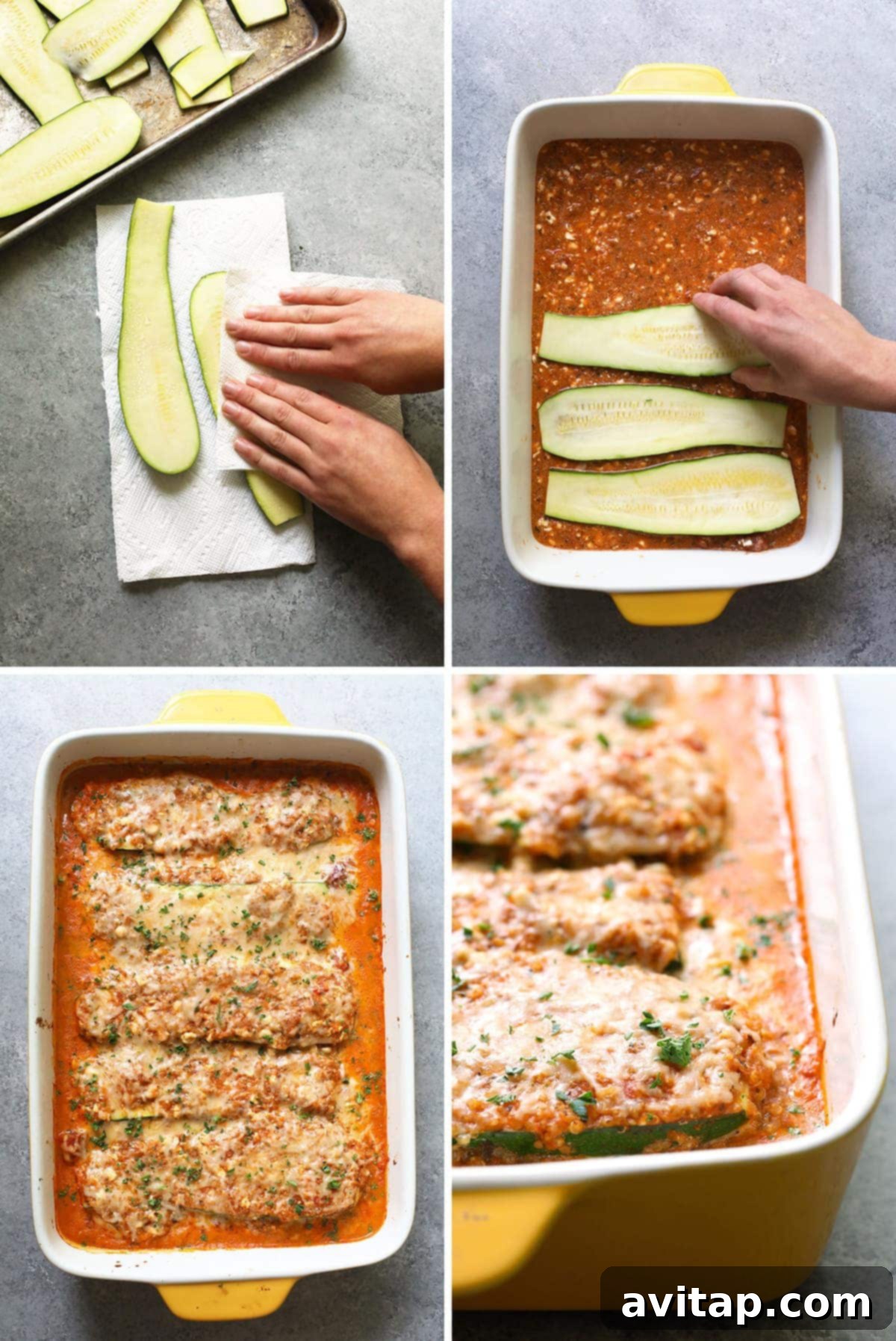 Zucchini lasagna step-by-step assembly, showing layers of zucchini, sauce, and cheese