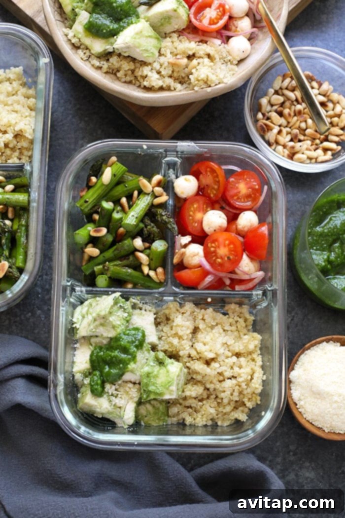 Meal prep pesto chicken and sides arranged neatly in a meal prep container, ready for the week.