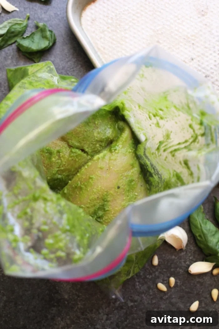 Chicken breasts being mixed with vibrant green pesto in a clear bag, ready for marination.