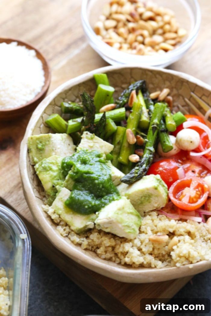 A beautifully plated bowl of pesto chicken meal prep, showcasing the vibrant ingredients ready to be eaten.