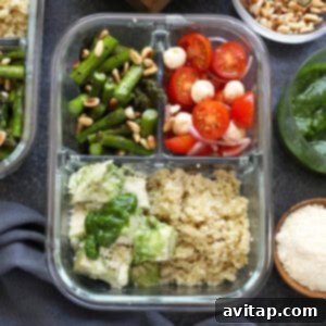 Pesto chicken meal prep in a container ready to be taken to lunch