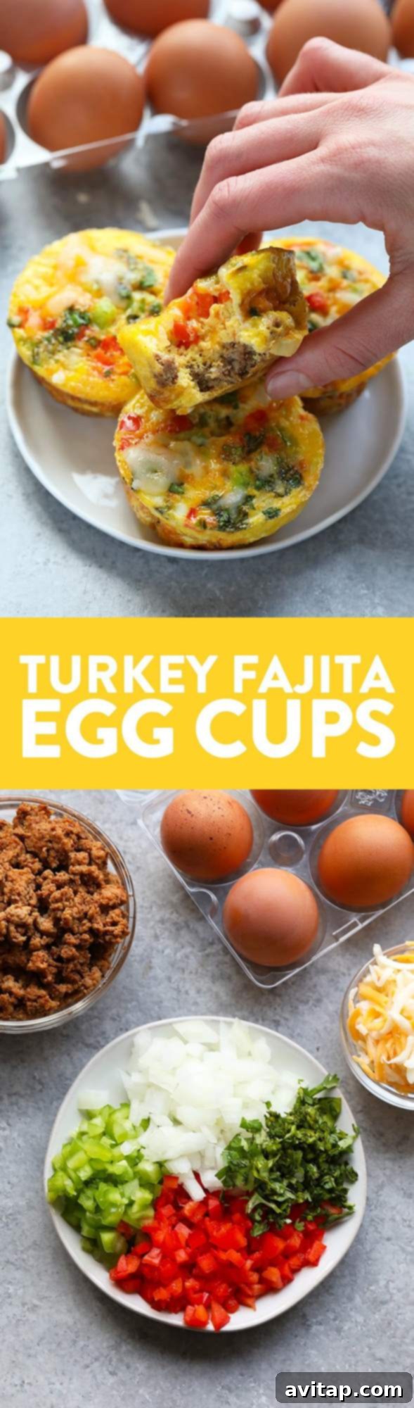Tex-Mex Turkey Egg Bites 2 Turkey Fajita Egg Cups, healthy meal prep breakfast with lean ground turkey, colorful peppers, onions, and cheese
