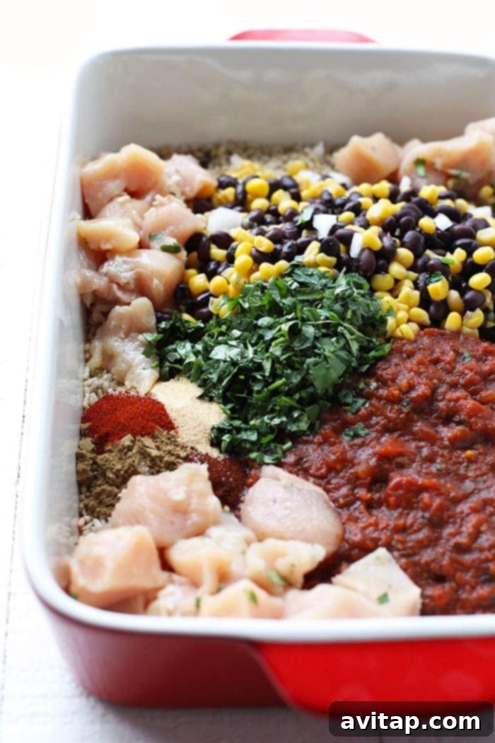 All the fresh ingredients for a flavorful chicken casserole laid out in a casserole dish before baking, including diced chicken, rice, beans, corn, and spices.