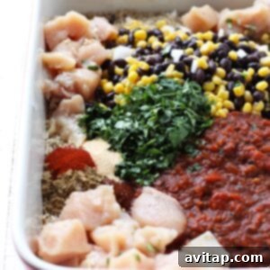 A chicken casserole with beans, corn, rice, and other ingredients mixed in a red baking dish before baking.