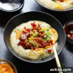 Cauliflower potato soup in a bowl, ready to be served.