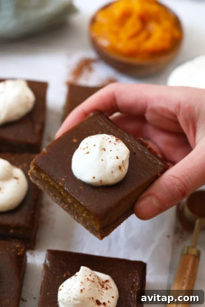 A hand gracefully holds a single healthy pumpkin pie bar, generously topped with a swirl of fluffy homemade whipped cream, ready for a delightful bite.