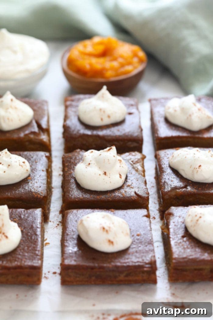 A close-up photograph capturing the inviting texture of healthy pumpkin pie bars, showing off their golden, crisp crust and creamy, spiced pumpkin filling, finished with a dollop of whipped cream.