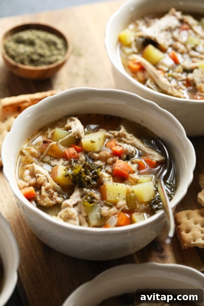 Comforting Turkey Soup 2 Delicious Tuscan Turkey Soup in a rustic bowl, garnished with herbs