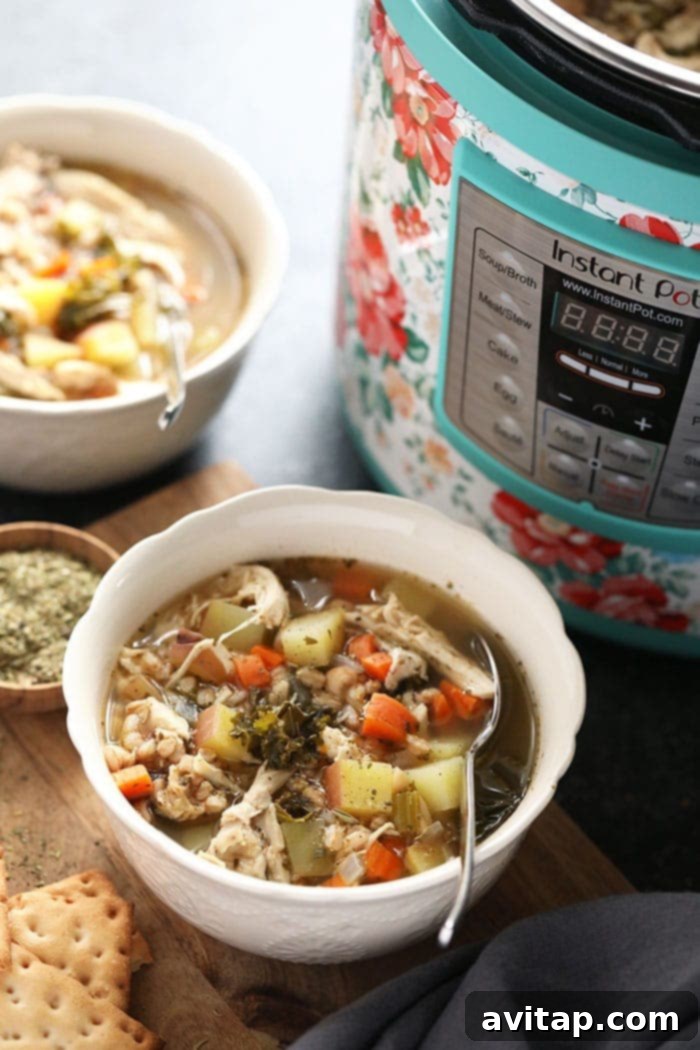 A comforting bowl of Tuscan Turkey Soup, ready to enjoy. Hearty Tuscan Turkey Soup served in a bowl, with the Instant Pot in the background