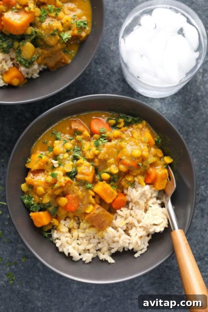 Delicious Instant Pot Sweet Potato Vegan Curry ready to eat. A vibrant bowl of Instant Pot Sweet Potato Vegan Curry, garnished with fresh cilantro and ready to serve.