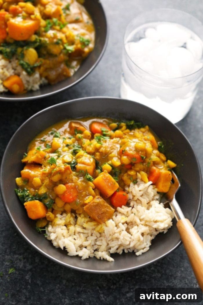 Hearty Instant Pot Sweet Potato Curry served over fluffy brown rice. A serving of Instant Pot Sweet Potato Curry with brown rice in a bowl, garnished with fresh cilantro.