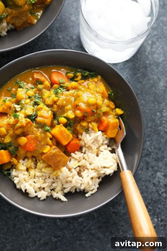 A close-up of the appetizing sweet potato curry. Close-up view of the sweet potato curry in a bowl, showcasing its rich texture and inviting colors.