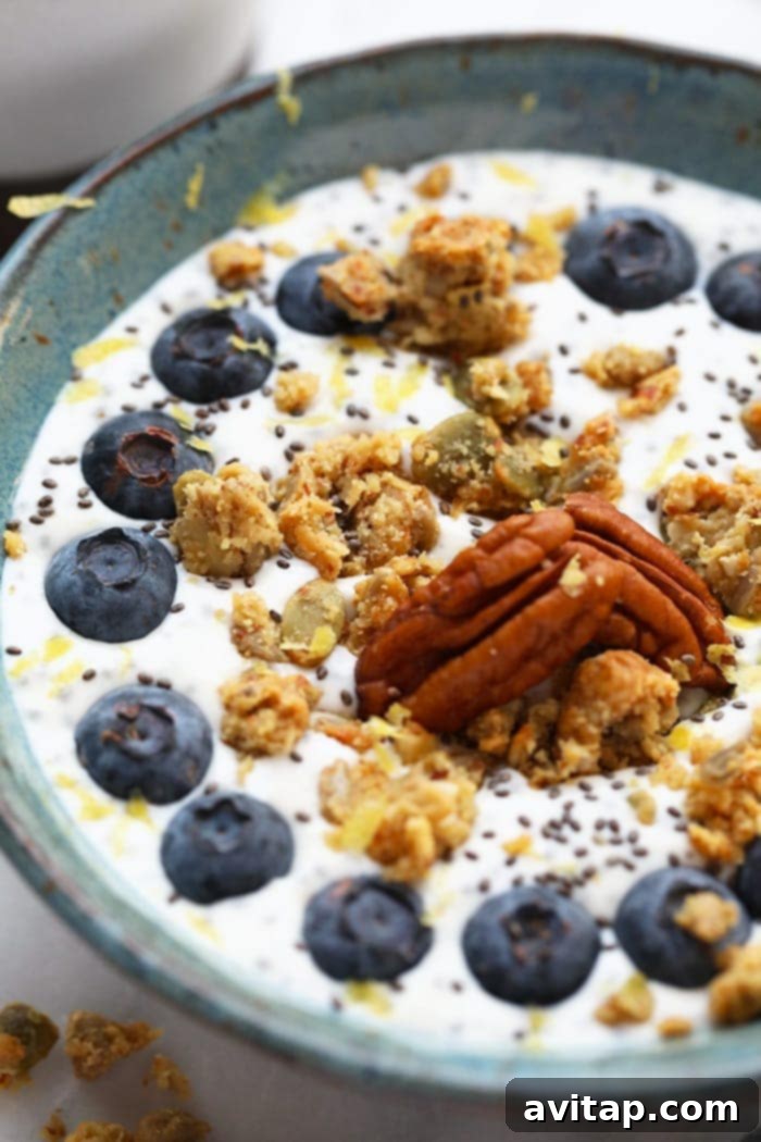 Energizing Chia Yogurt Bowl 5 This chia yogurt bowl is packed with fiber, low in sugar, and is the perfect breakfast to fuel you for the day!