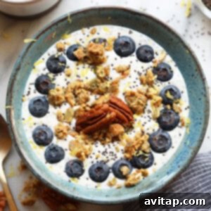 Energizing Chia Yogurt Bowl 6 Chia Yogurt Power Bowl topped with blueberries and granola.
