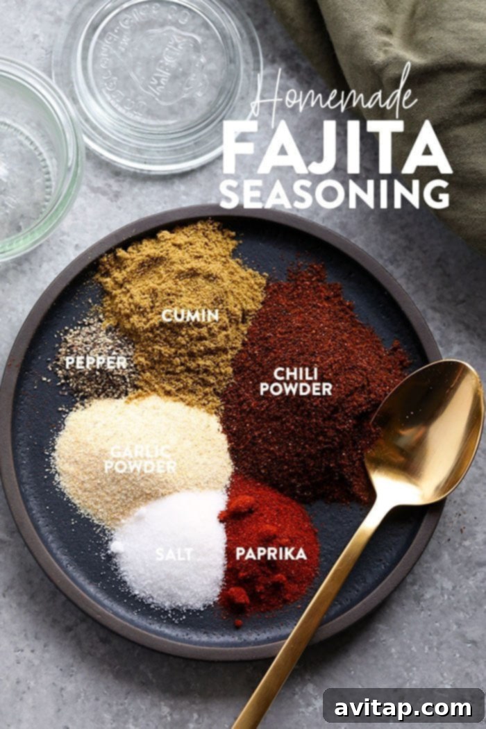 Elevate your meals with our homemade fajita seasoning recipe on chicken, steak, veggies, soup, and more. Homemade Fajita Seasoning on a plate, ready to be used on chicken, steak, or vegetables. This simple spice mix elevates any fajita dish.