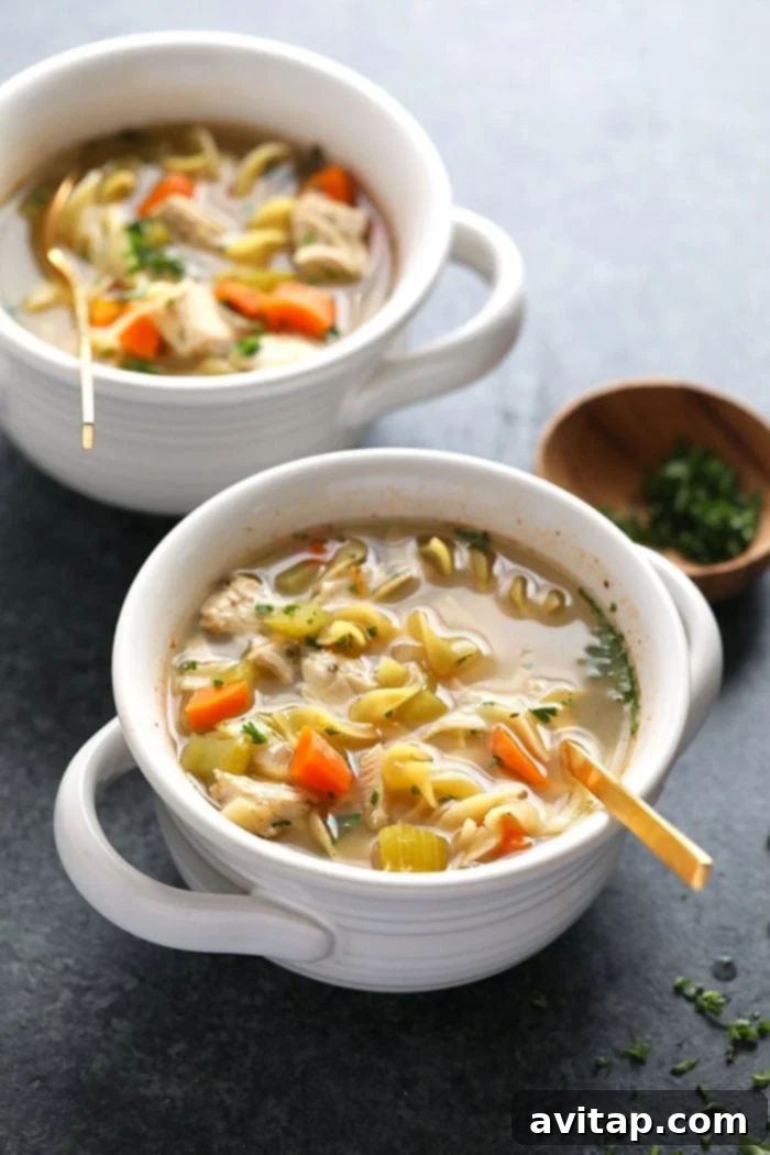 A steaming bowl of Crockpot Chicken Noodle Soup, garnished with fresh herbs, ready to be enjoyed.