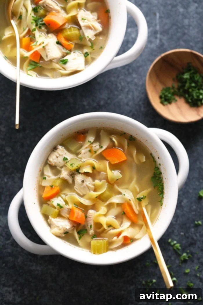 A bowl of slow cooker chicken noodle soup with a spoon, garnished with parsley.
