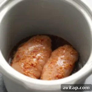 raw chicken and sauce in crock pot.