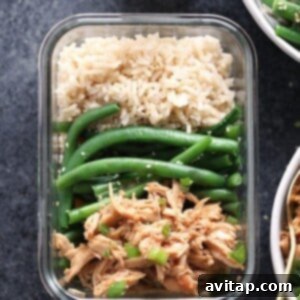 A bowl of rice and green beans with crock pot honey garlic chicken in a plastic container.
