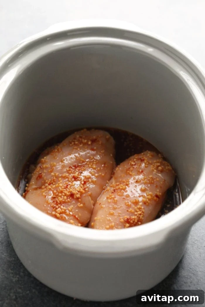 Sticky Honey Garlic Chicken 3 Chicken breasts and other ingredients being placed in the slow cooker for an easy meal.