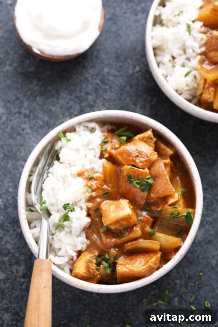 Healthy Slow Cooker Chicken Tikka Masala in a Bowl A bowl of healthy slow cooker chicken tikka masala with rice, garnished with fresh cilantro.