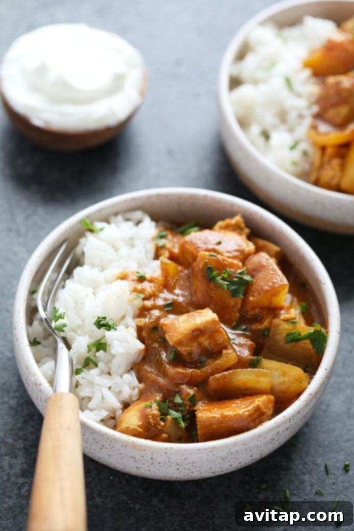 Final Plating of Slow Cooker Chicken Tikka Masala A beautifully plated bowl of slow cooker chicken tikka masala with rice, garnished and ready to eat.