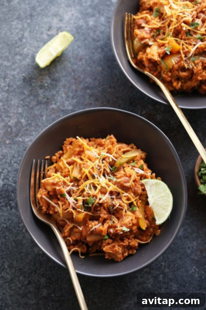 A bowl of slow cooker chicken enchilada casserole topped with cheese and cilantro, served with tortilla chips.