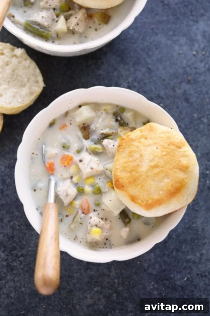 A steaming bowl of creamy Slow Cooker Chicken Pot Pie Soup, garnished with fresh herbs, ready to be enjoyed.