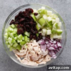 Four Healthy Chicken Salad Recipes 11 A vibrant bowl of delicious, healthy chicken salad with colorful ingredients