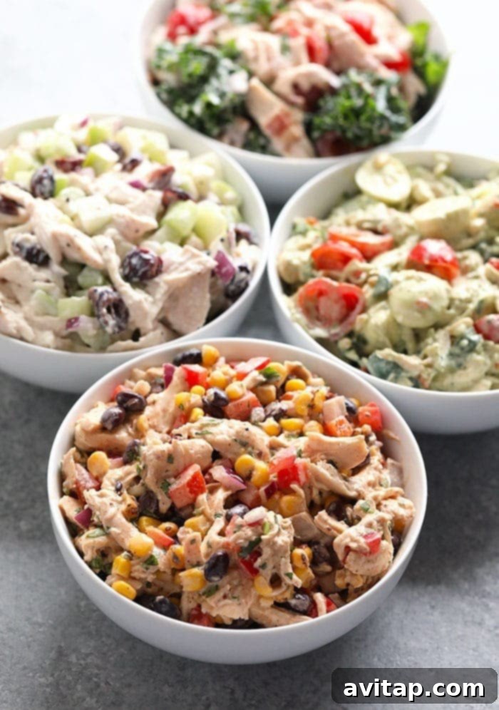 Four Healthy Chicken Salad Recipes 6 Four distinct healthy chicken salad recipes artfully arranged on a table, showcasing their unique ingredients and vibrant colors