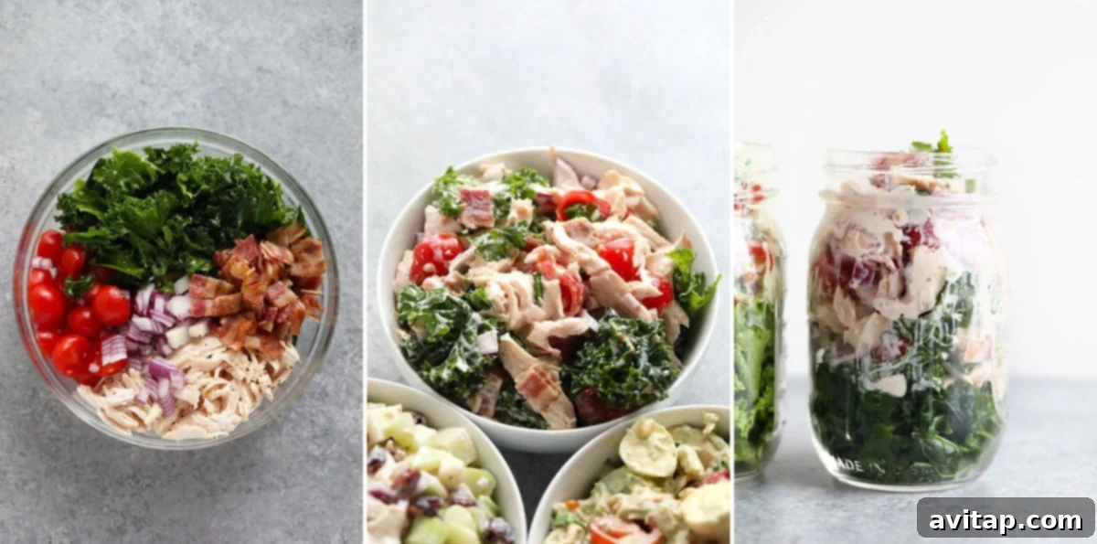 Four Healthy Chicken Salad Recipes 9 BLT Chicken Salad in a bowl, featuring crispy bacon, fresh lettuce, and juicy tomato flavors