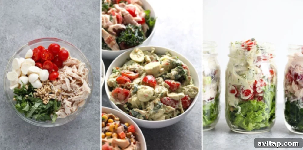 Four Healthy Chicken Salad Recipes 10 Creamy Pesto Chicken Salad, inspired by fresh Caprese ingredients like basil, tomato, and mozzarella
