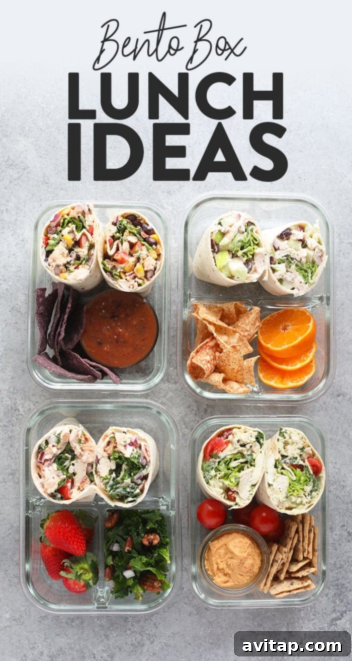 Creative and Healthy Bento Box Lunch Ideas for Adults and Kids Four vibrant and healthy bento box lunch ideas featuring chicken salad wraps