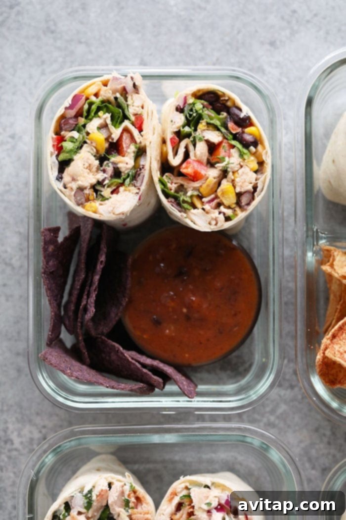 Spicy Southwest Chicken Salad Bento Box Meal Prep A photo of the Southwestern Chicken Salad Wrap Bento Box with salsa and tortilla chips